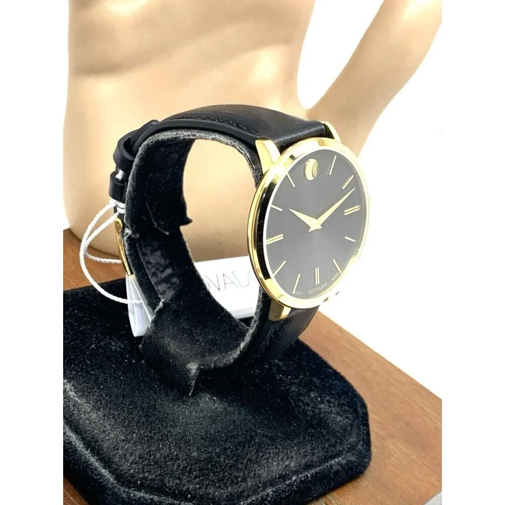 Movado Womens Watch 0607091 Ultra Slim Black Dial Swiss Quartz Gold Leather 35mm